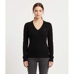 NWT Ralph Lauren Sport Cable-Knit Lambs Wool V-neck Sweater in Black Pullover M
